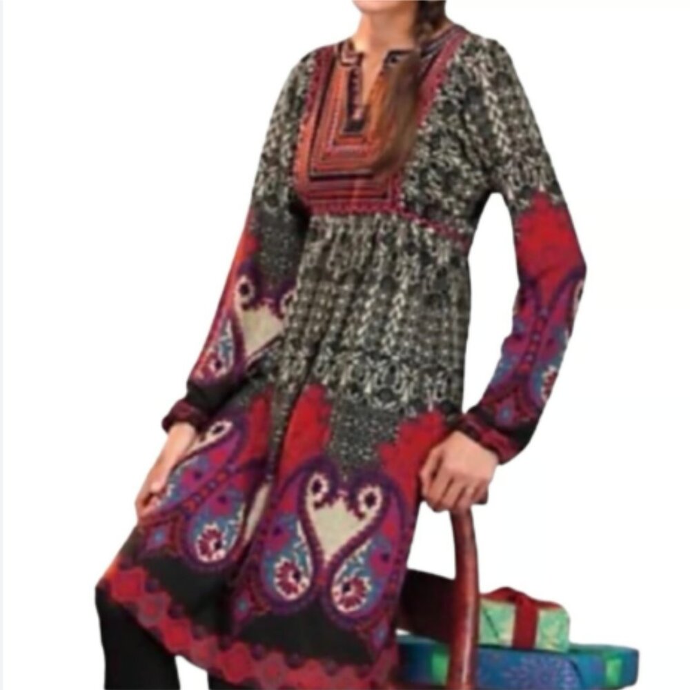 Angie Boho Embroidered Design‎ Long Sleeve Dress - Medium